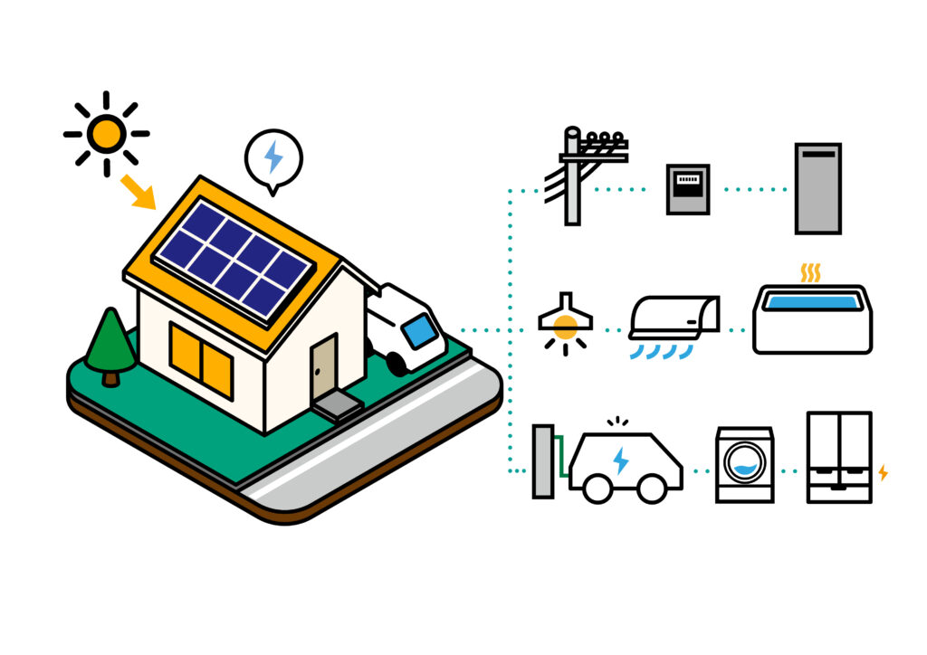 太陽光発電とV2Hで家電を動かすスマートハウスのアイソメイラスト