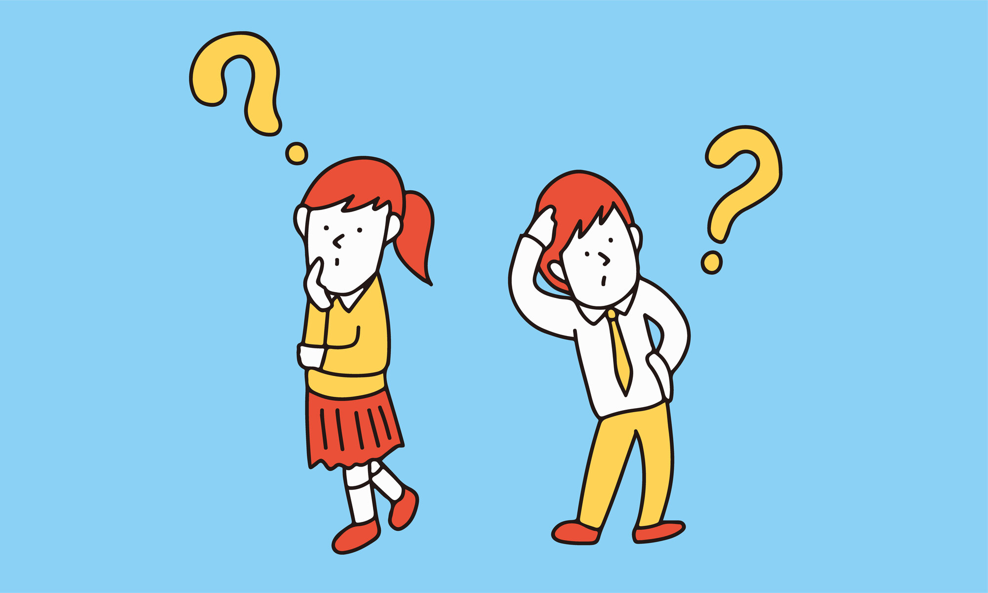 質問について考える学生・ビジネスマンの男女のイラスト